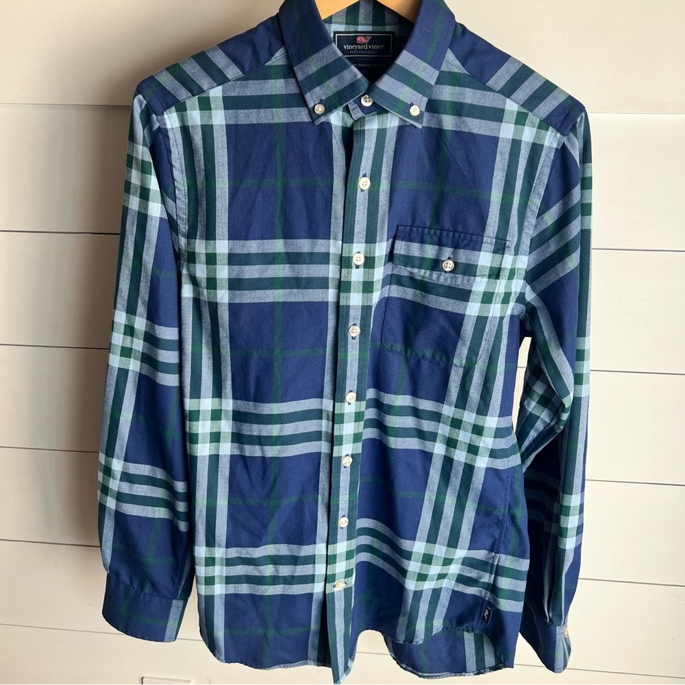 Vineyard Vines Performance Men’s Slim Fit Crosby Navy Green Plaid Shirt Small